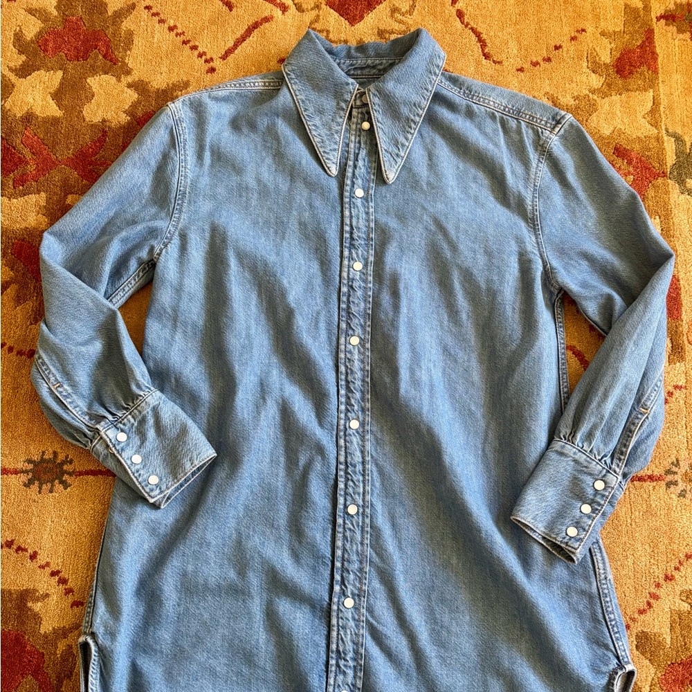Ganni denim button up long tunic with cut outs NWOT